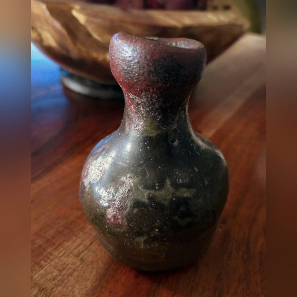 Handmade Ceramic Vase Vintage Green Black Brown 1434